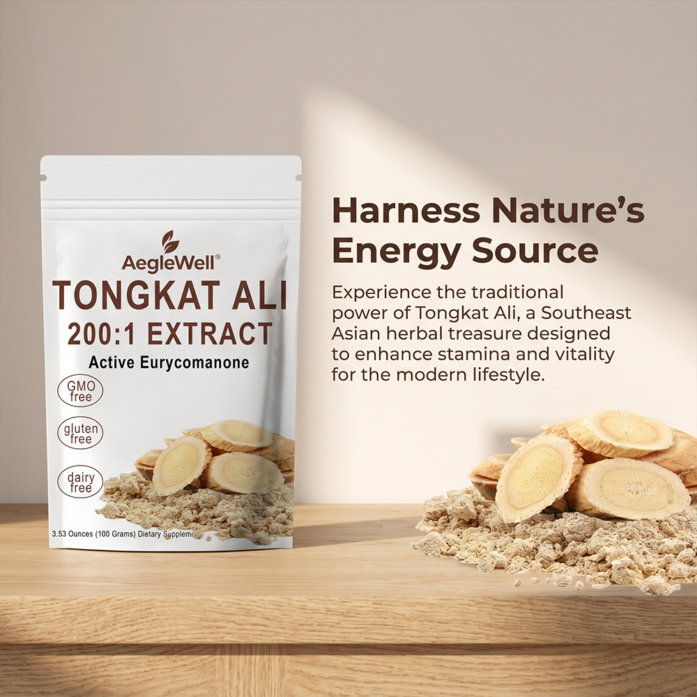 AegleWell OEM Tongkat Ali 200:1 Extract Powder 100g Active Eurycomanone GMO Free Gluten Free Dairy Free