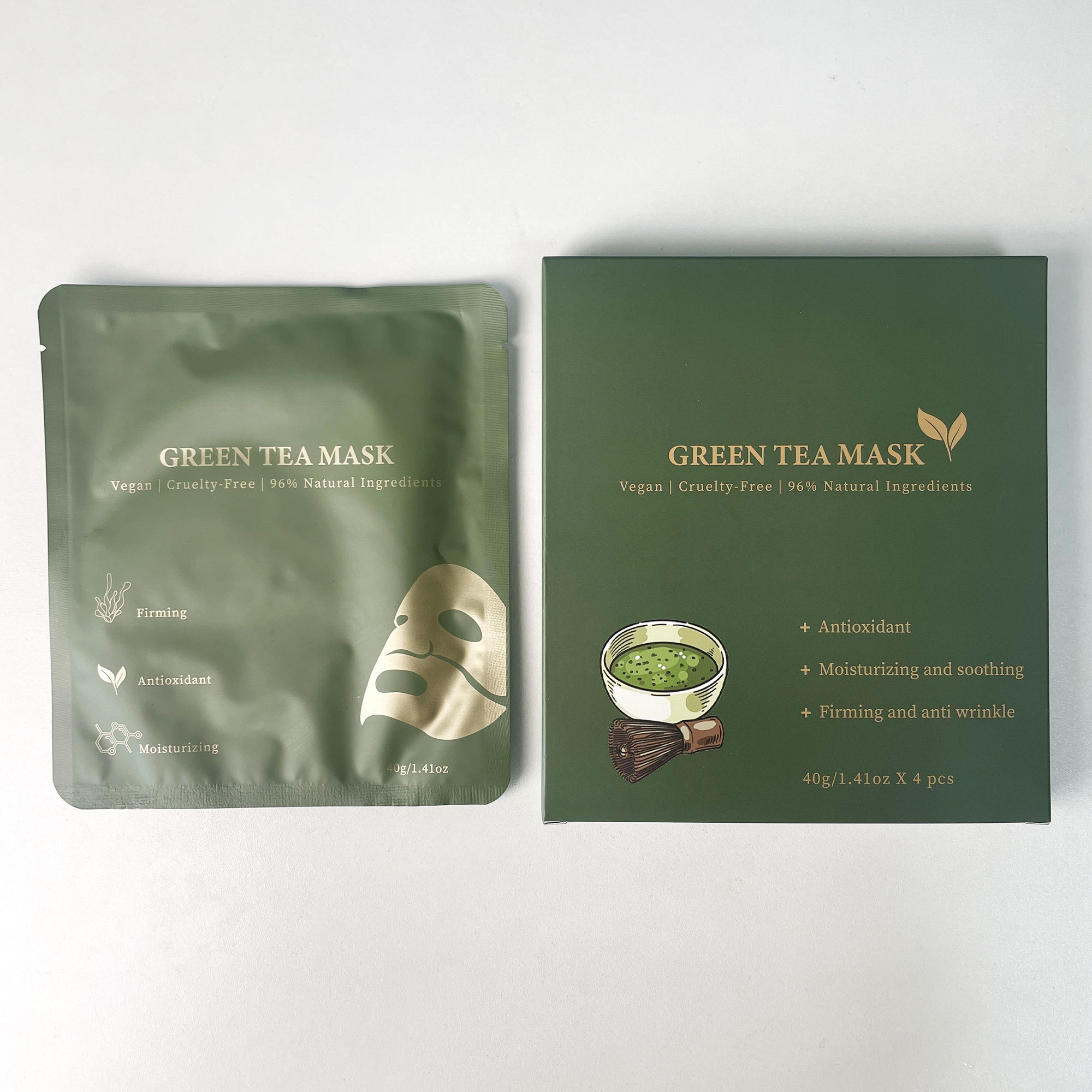 Natural Green Tea Extract Hyaluronic Acid Mineral Face Sheet Mask Vegan Cruelty Free Moisturizing Antioxidant Elasticity Boost