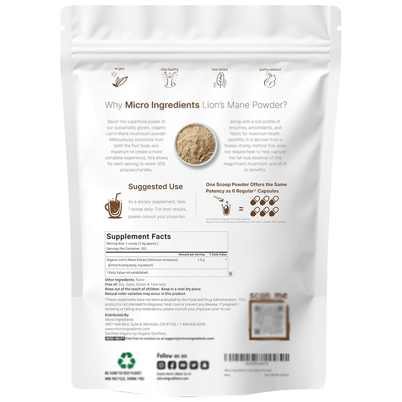 Private Label Lions Mane Herbal Extract Mushroom Powder Supplement Food &amp; Grade Bottle Packaging