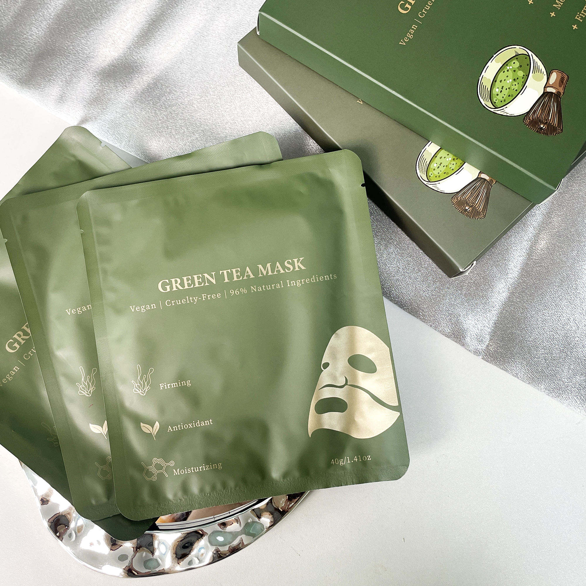 Natural Green Tea Extract Hyaluronic Acid Mineral Face Sheet Mask Vegan Cruelty Free Moisturizing Antioxidant Elasticity Boost