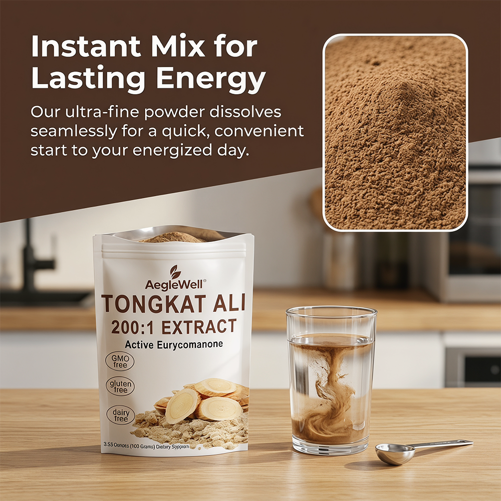 AegleWell OEM Tongkat Ali 200:1 Extract Powder 100g Active Eurycomanone GMO Free Gluten Free Dairy Free