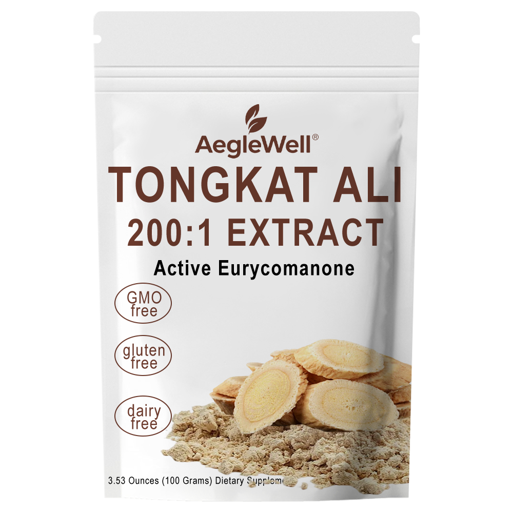 AegleWell OEM Tongkat Ali 200:1 Extract Powder 100g Active Eurycomanone GMO Free Gluten Free Dairy Free